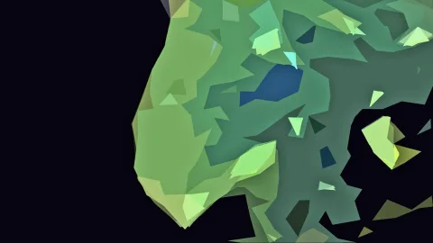 Abstrakte Komposition aus grünen und blauen Dreiecksflächen vor schwarzem Hintergrund, nach links offen.