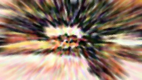 Abstraktes Bild mit radial nach außen laufenden, verwischten Streifen in Pastellfarben, Rosa, Gelb und Grün, im Zentrum dunkle Flecken.