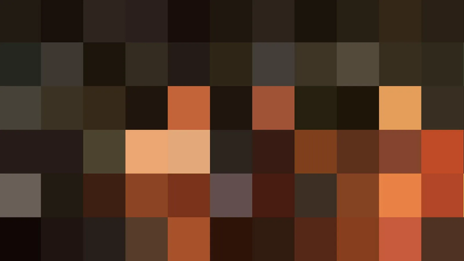 Abstrakte Komposition aus quadratischen Pixelblöcken in Braun, Orange und Schwarz, mit wenigen helleren Akzenten im unteren Bereich.