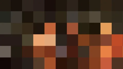 Abstrakte Komposition aus quadratischen Pixelblöcken in Braun, Orange und Schwarz, mit wenigen helleren Akzenten im unteren Bereich.