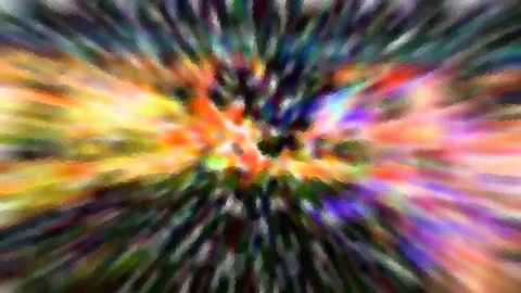 Abstraktes Bild mit radial von der Mitte nach außen laufenden Schlieren in Orange, Gelb, Grün, Violett und Dunkelblau, mosaikartig verpixelt.
