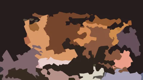Abstrakte Komposition aus unregelmäßigen, zackigen Flächen in Braun, Orange und Rosa auf dunklem Grund.