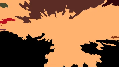 Abstraktes Bild mit einer großen ockerfarbenen Fläche, umrahmt von dunkelbraunen, schwarzen und einzelnen roten Formen mit unregelmäßigen, zackigen Rändern.