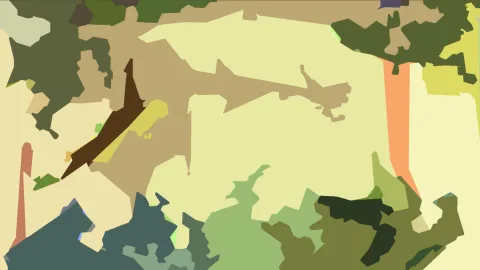 Abstrakte Komposition aus unregelmäßigen Farbflächen in Ocker, Olivgrün, Dunkelbraun und Hellgelb.