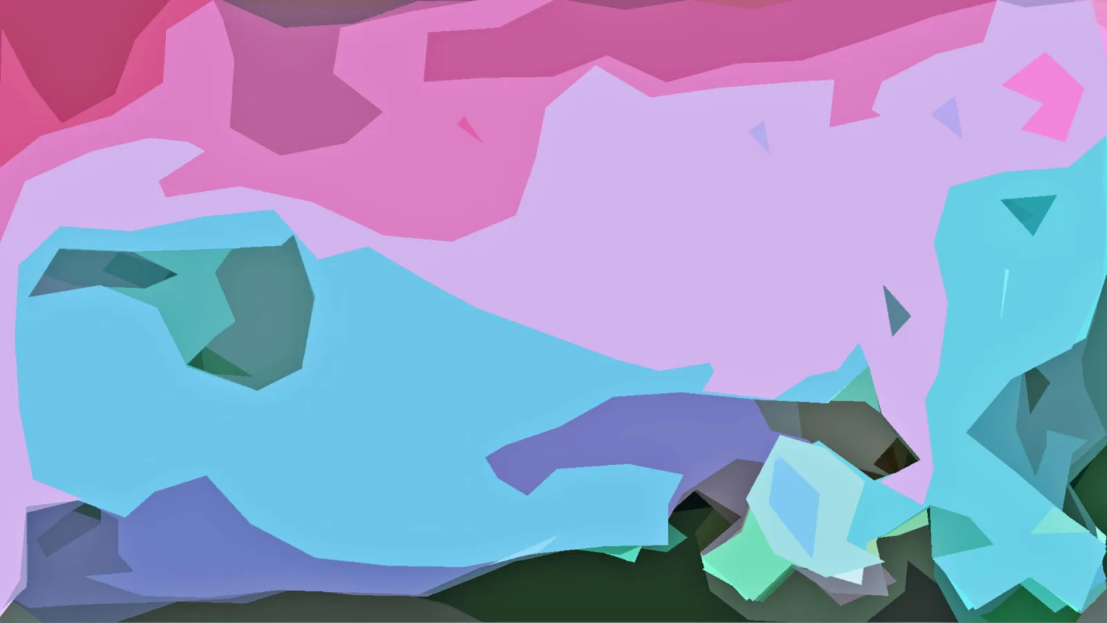 Abstrakte Komposition aus großen, unregelmäßigen Flächen in Pink, Lila, Türkis und Dunkelgrün, unten mit dunklen Grüntönen.