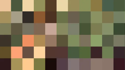 Abstraktes Raster aus quadratischen Farbfeldern in Olivgrün, Braun, Beige, Dunkelgrün und vereinzelten Orangetönen.