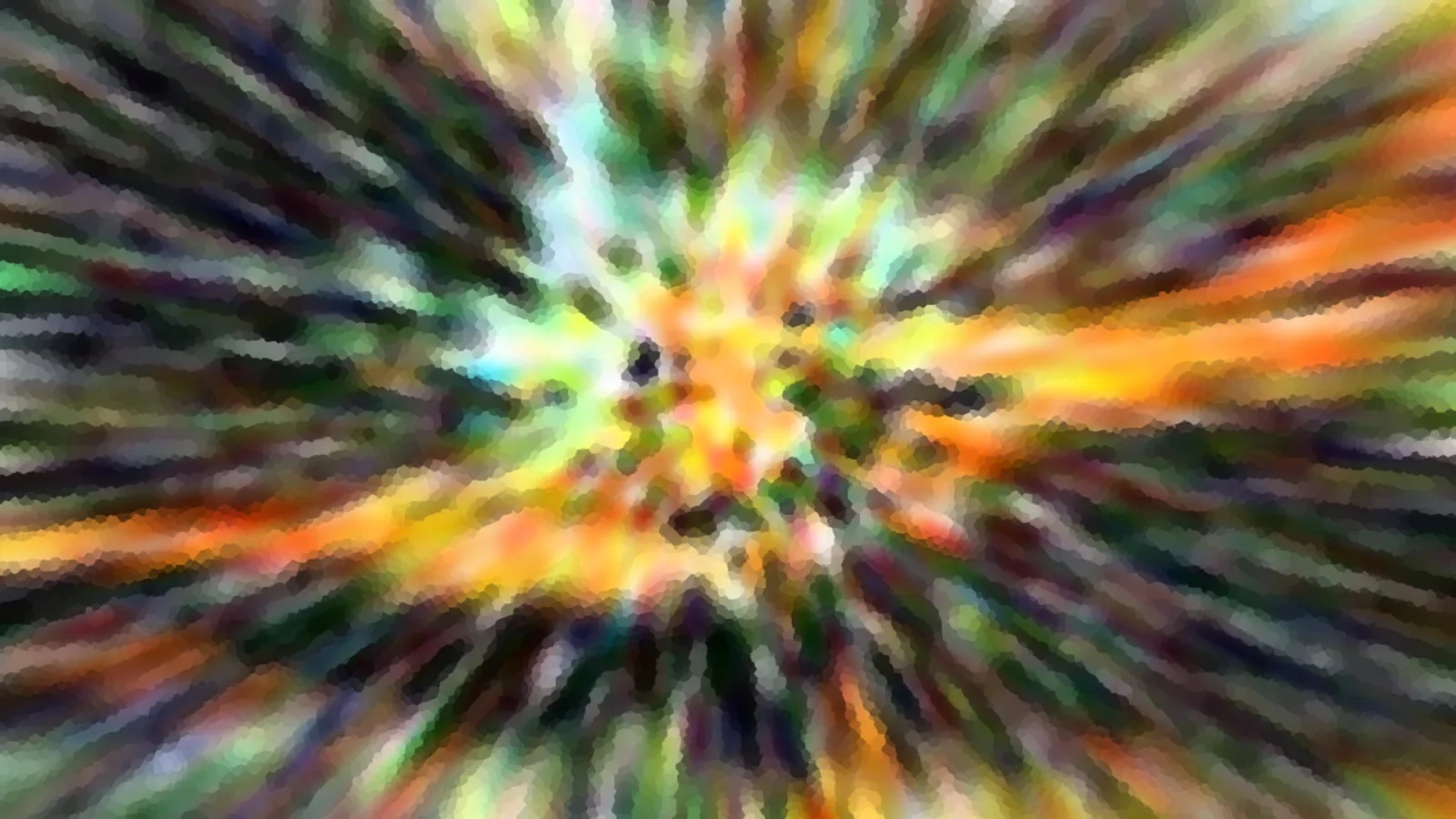 Abstraktes Bild mit bunten Farbstrahlen, die von einem hellen Zentrum in der Bildmitte nach außen laufen, mit grobem Mosaikeffekt.