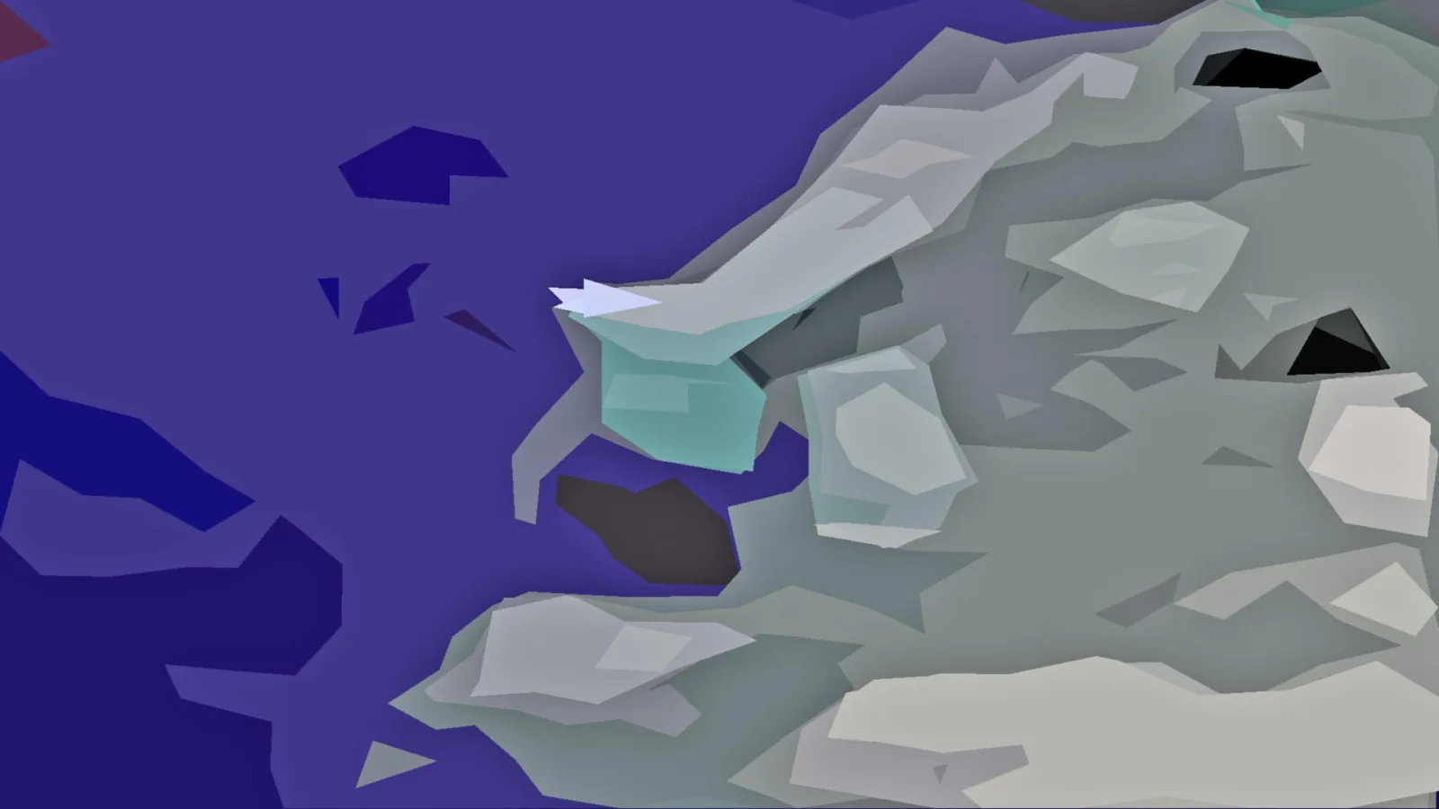 Abstrakte low-poly Felsformation in Grau und Mintgrün vor tiefblauem Hintergrund, mit hellen Eisflächen und dunklen Höhlenöffnungen.