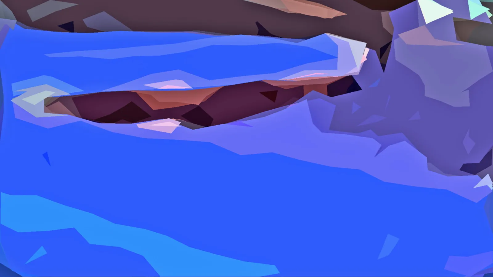 Abstraktes Low-Poly-Muster aus blauen, violetten und braunen Dreiecksflächen, in der Mitte ein horizontaler brauner Streifen.