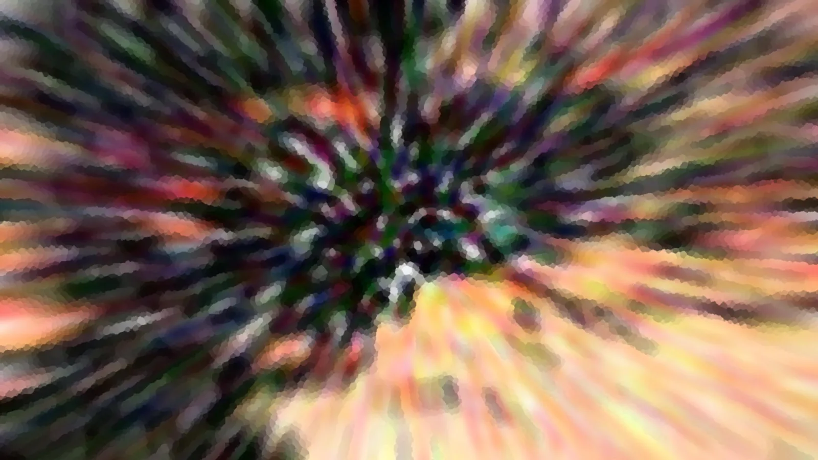 Abstrakte Komposition aus bunten Streifen, die vom Zentrum radial nach außen verlaufen, mit grünen, violetten und orangefarbenen Tönen und pixeligen Kanten.