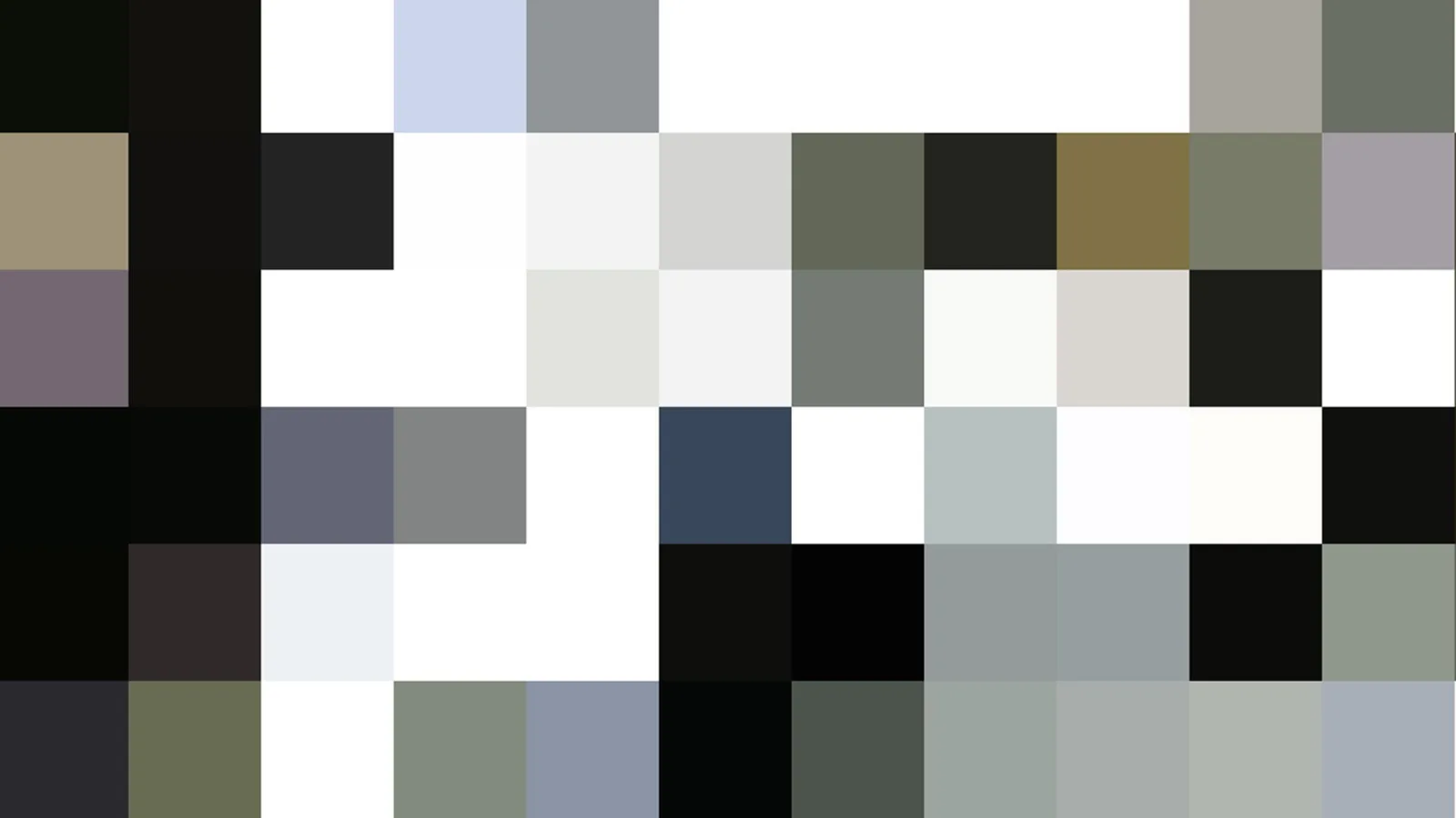 Mosaik aus quadratischen Pixelblöcken in Weiß, Grau, Schwarz sowie gedämpftem Grün, Braun und Blau