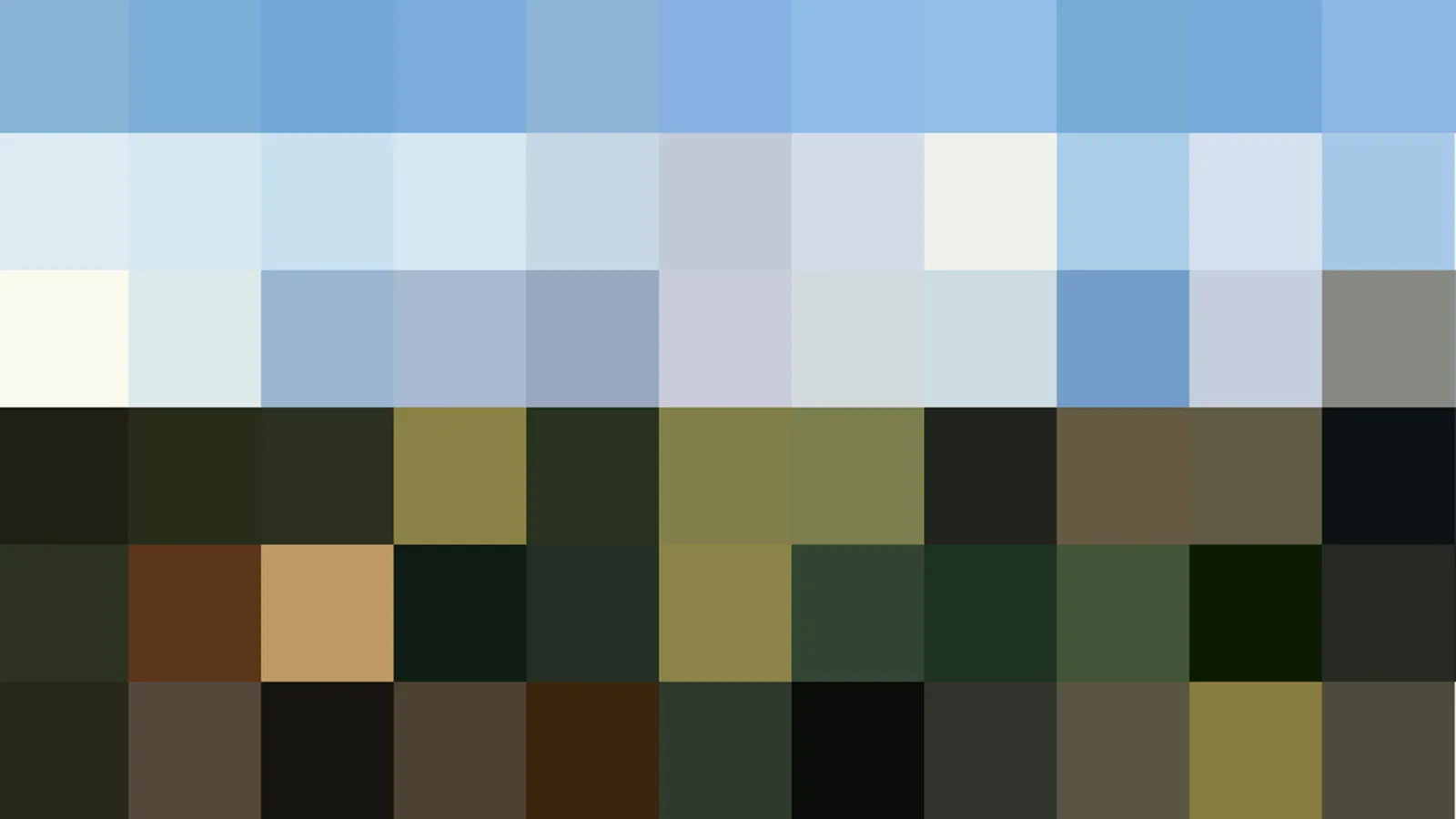 Mosaik aus quadratischen Farbfeldern: oben hellblaue Himmelsfarben, darunter helle Flächen, unten dunkles Oliv, Braun und Schwarz.