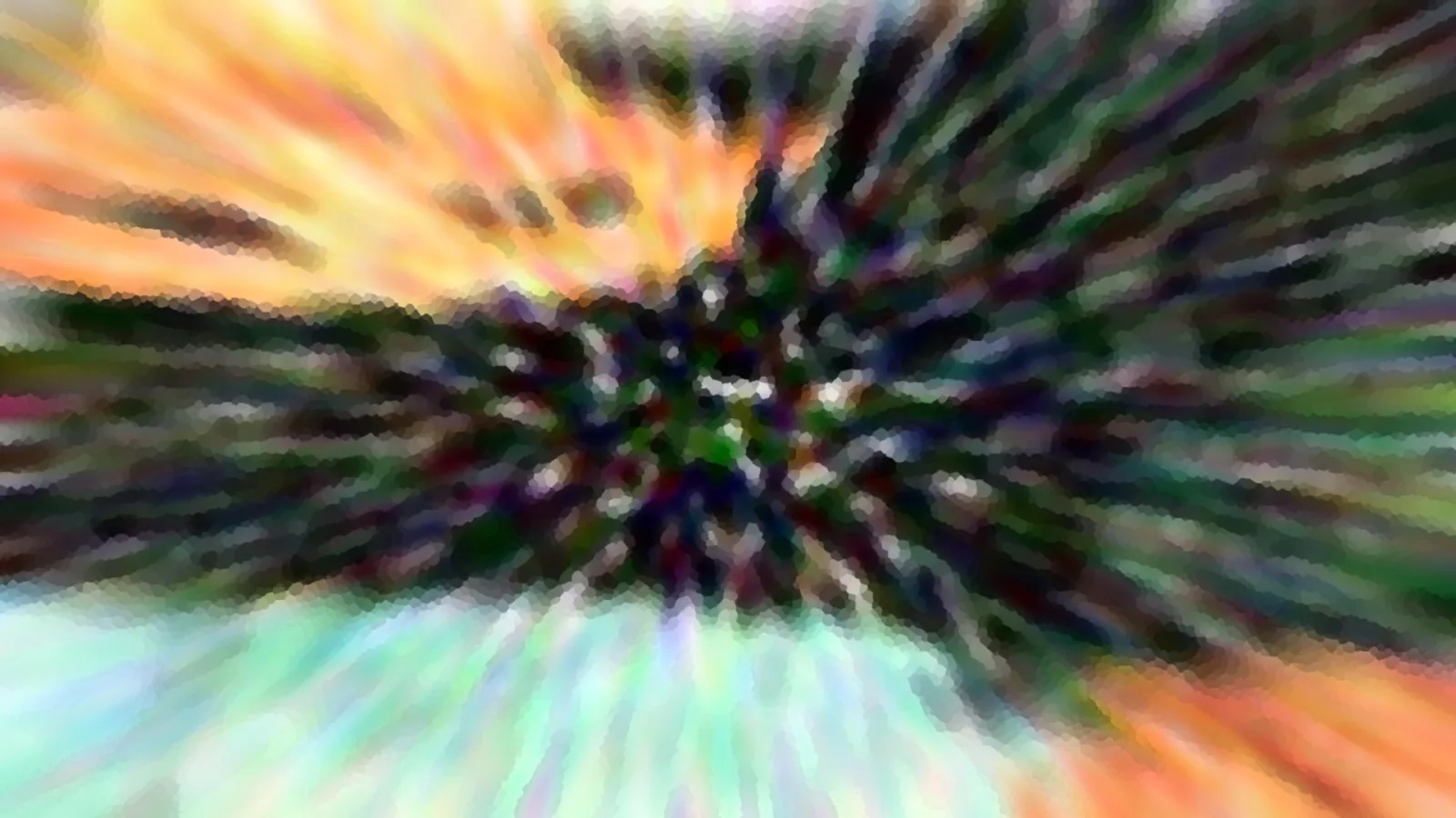 Abstrakte Komposition mit radial verlaufenden, verwischten Farbstreifen in Orange, Grün und Türkis, die auf ein dunkles Zentrum zulaufen.