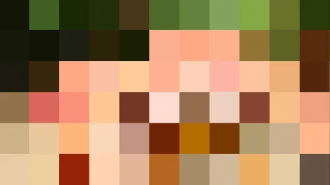Quadratisches Pixelraster aus grünen, braunen, orangefarbenen und hellen Farbfeldern, oben dunkel grün, unten helle Beige- und Brauntöne.