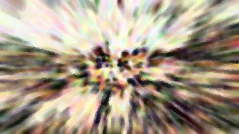 Abstrakte Komposition aus pastellfarbenen Streifen, die von einem dunklen Zentrum radial nach außen strahlen, mit mosaikartiger Pixelstruktur.