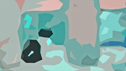 Abstrakte Komposition aus unregelmäßigen, flachen Formen in Türkis, Mintgrün, Rosa und Grau, dazwischen ein dunkler Fleck und hellcyanfarbene Akzente.