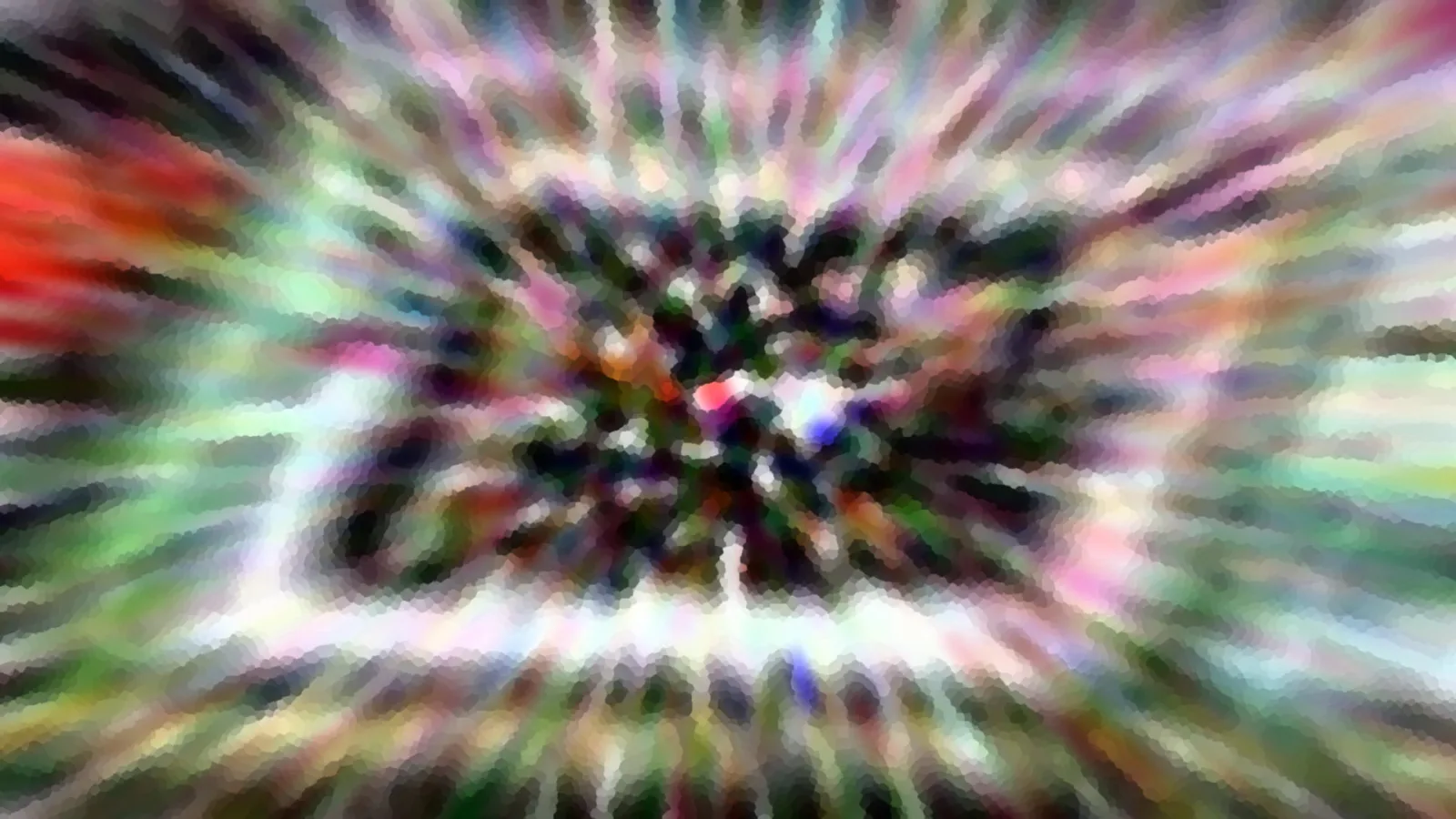 Abstraktes Bild mit bunten Streifen, die von einem dunklen Zentrum radial nach außen laufen, rot links, grün und rosa rechts.