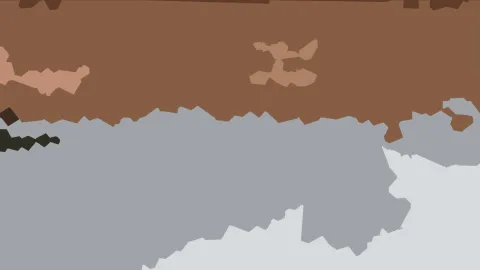 Abstraktes Bild mit großen, unregelmäßig gezackten Farbflächen in Braun, Hellbraun und Grau, unten hellgrau.
