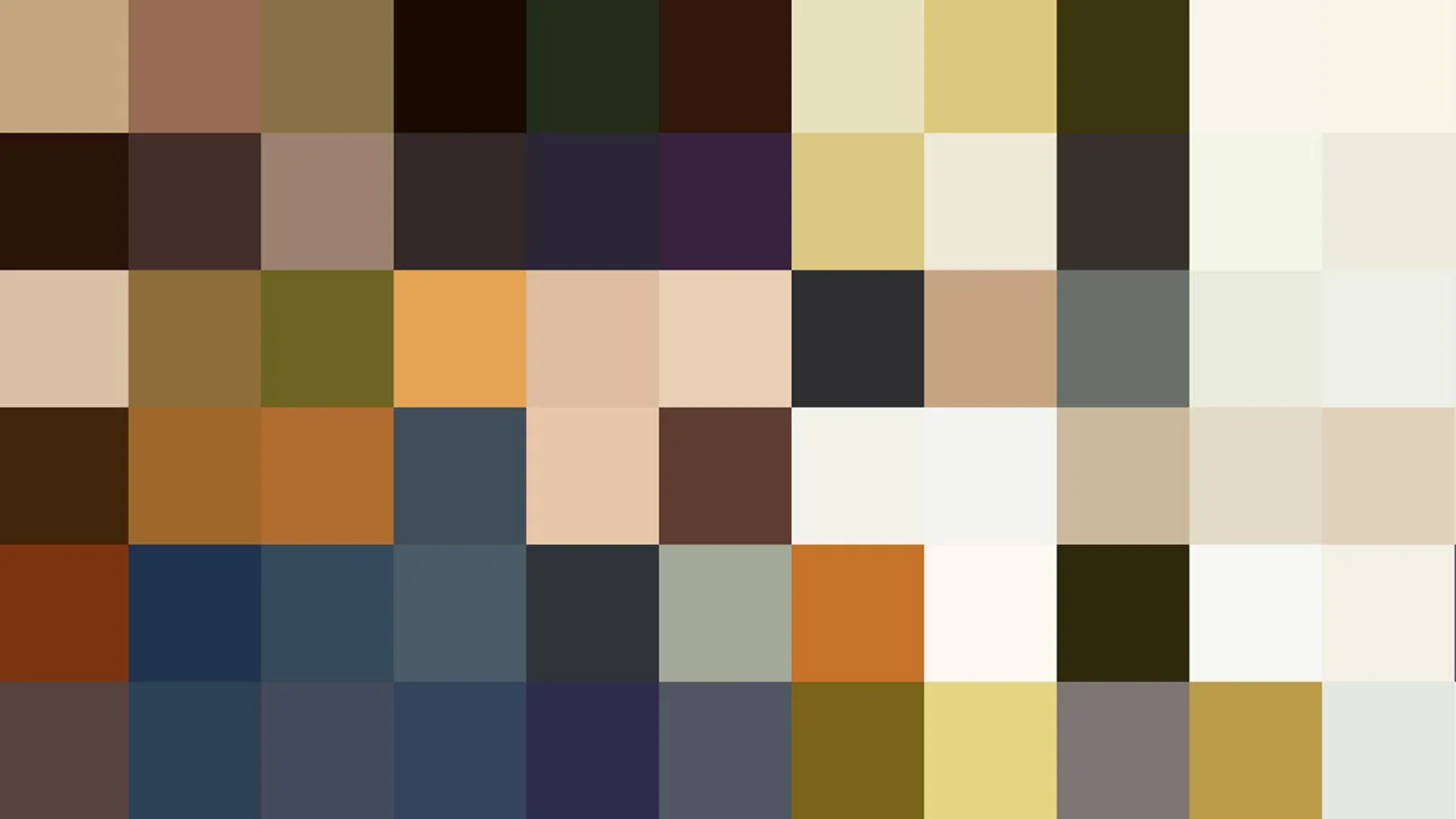 Quadratisches Farbmosaik aus Beige, Braun, Schwarz, Grün, Blau, Gelb und Weiß in Reihen angeordnet