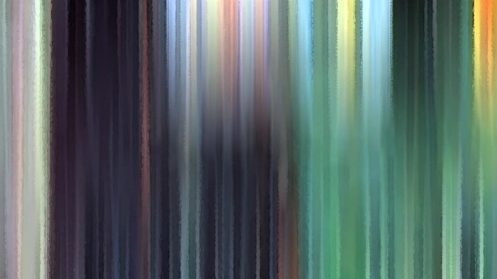 Abstraktes Bild aus vertikalen, verwischten Streifen in Grün, Blau, Schwarz und Gelb, die wie Lichtspuren nebeneinanderstehen.