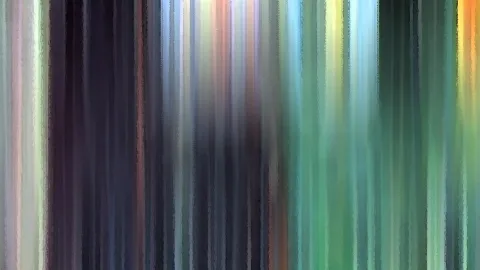 Abstraktes Bild aus vertikalen, verwischten Streifen in Grün, Blau, Schwarz und Gelb, die wie Lichtspuren nebeneinanderstehen.
