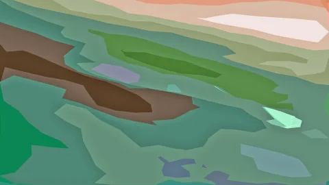 Abstrakte Landschaft aus flachen, kantigen Flächen in Grün, Braun und Teal, oben rechts ein helles weißes Feld vor einem orangefarbenen Himmel.