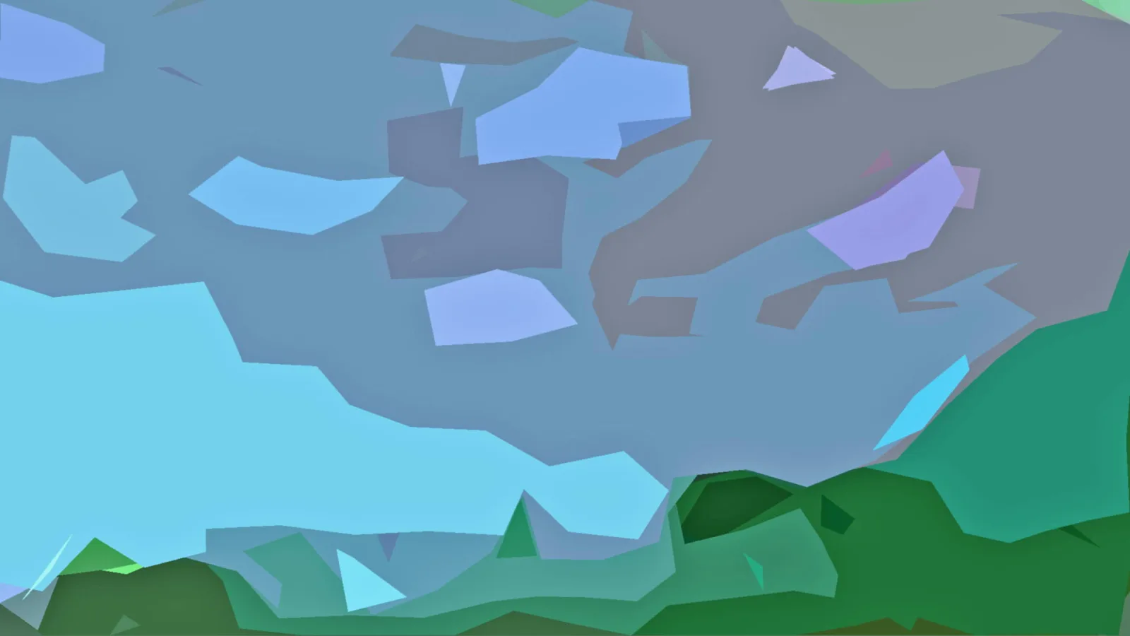 Abstraktes Bild aus unregelmäßigen, flächigen Formen in Blau-, Grau- und Grüntönen; oben schweben helle Blaufelder, unten dominieren dunkelgrüne Hügelformen.