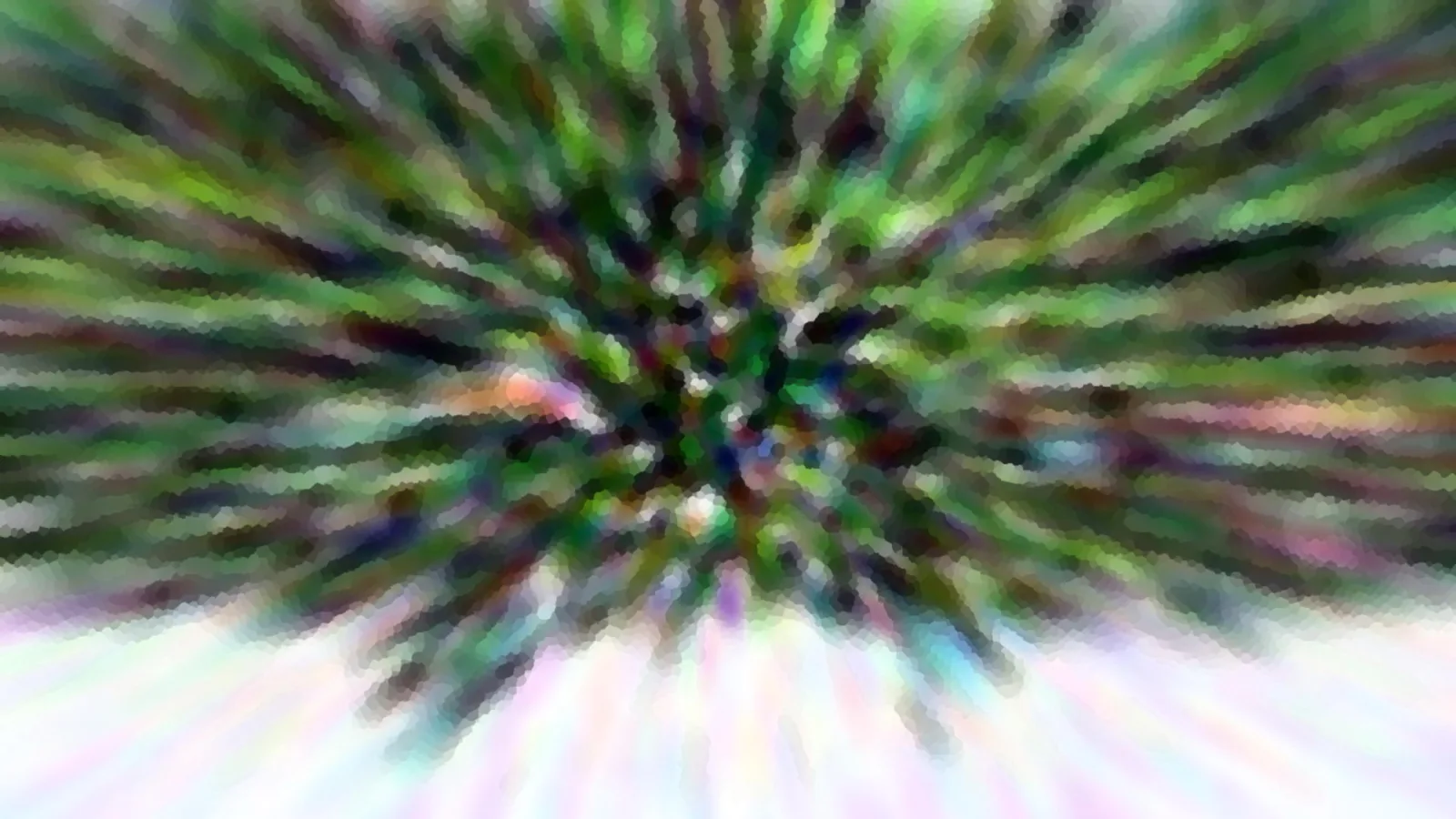 Abstrakte Komposition mit radial von der Mitte nach außen laufenden, verwischten Streifen in Grün, Violett und Weiß, pixelig gerastert.