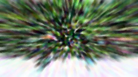 Abstrakte Komposition mit radial von der Mitte nach außen laufenden, verwischten Streifen in Grün, Violett und Weiß, pixelig gerastert.