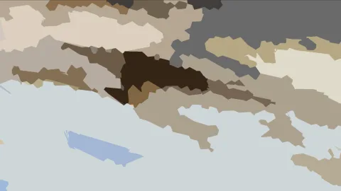 Abstraktes Bild aus flächigen Formen in Braun, Beige und Grau, darunter eine helle blaue Fläche am unteren Rand.