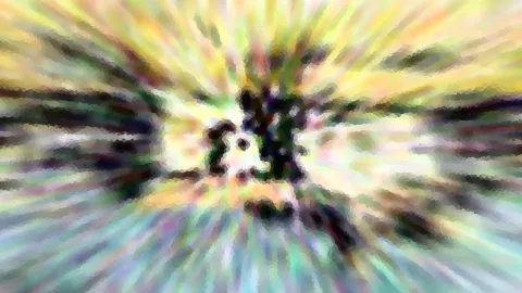 Abstrakte Komposition aus bunten, radial vom Zentrum ausstrahlenden Streifen in Gelb, Grün und Violett, in der Mitte eine dunkle, grob verpixelte Form.