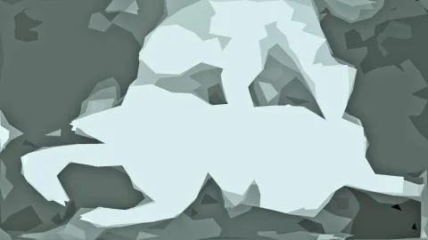 Abstrakte helle Form mit kantigen Rändern auf grau schattiertem, facettiertem Hintergrund.
