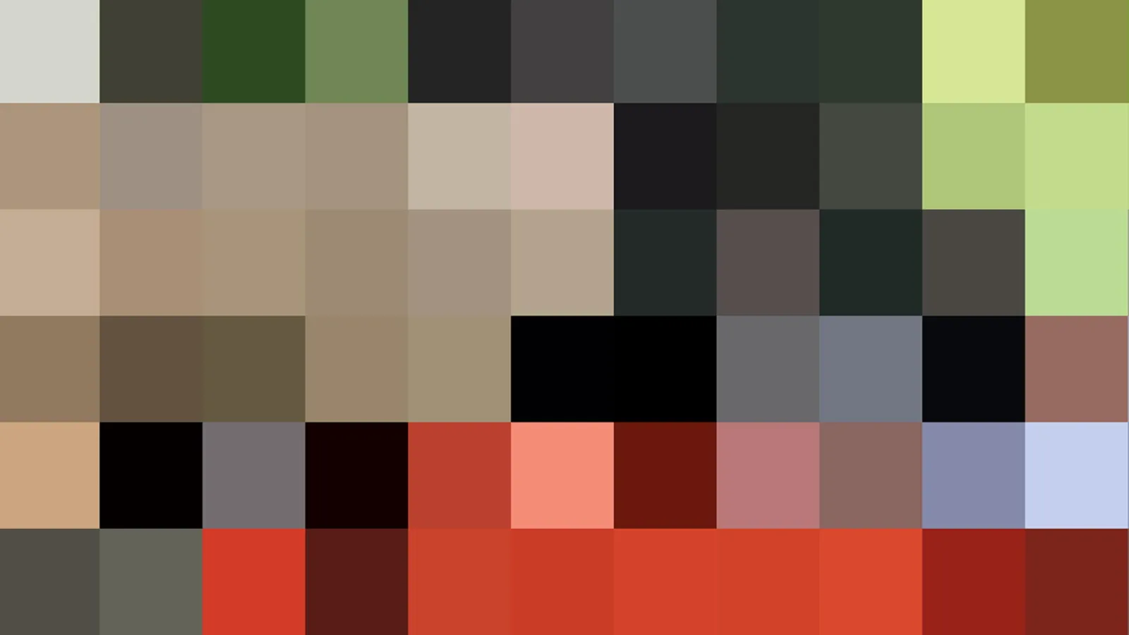 Raster aus farbigen Pixelblöcken in Beige, Olivgrün, Schwarz und Rot.
