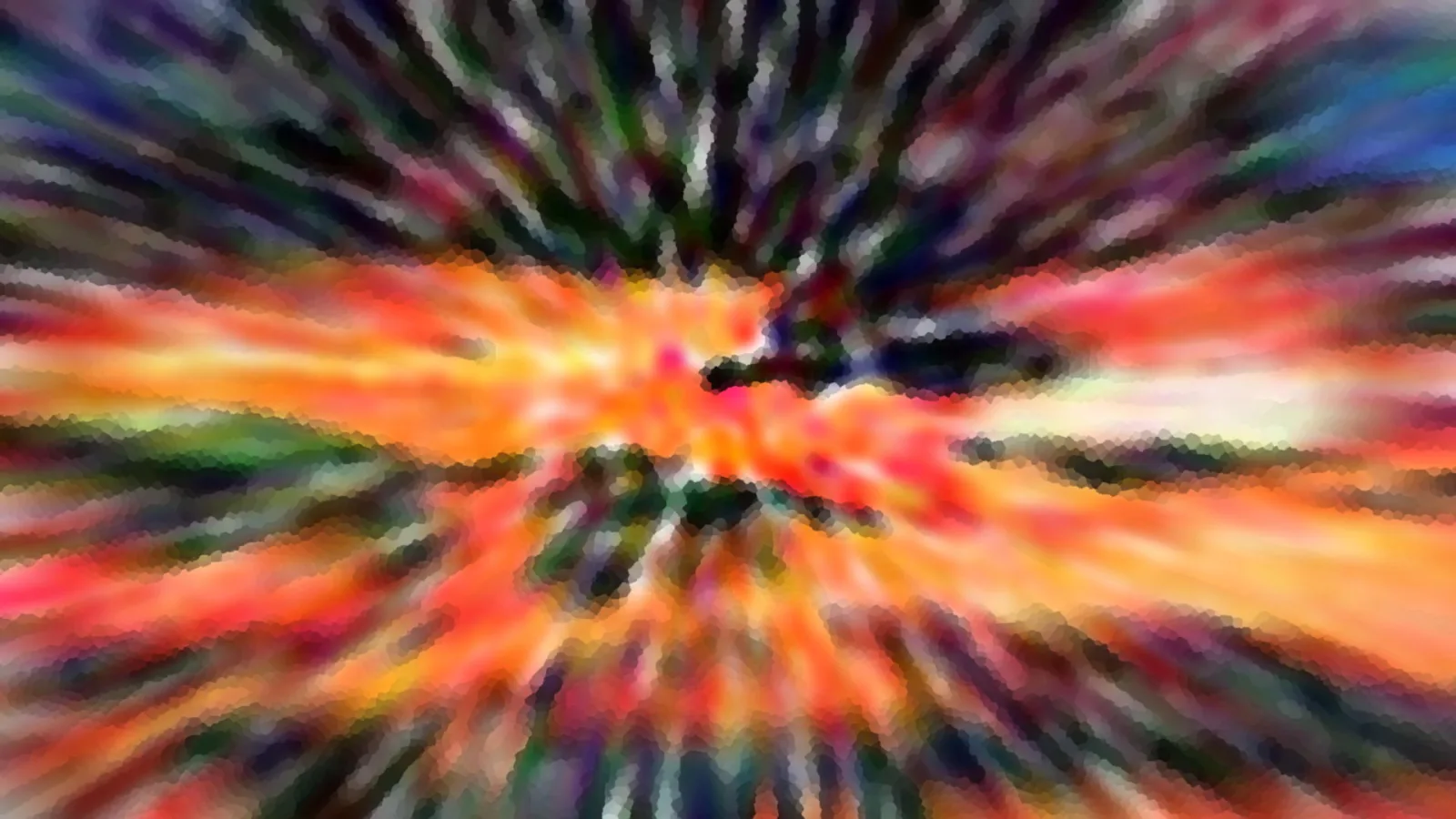 Abstrakte Komposition aus radialen Farbstreifen in Orange, Rot, Grün und Dunkelblau, die von einer hellen Mitte nach außen laufen.