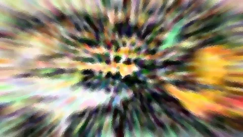 Abstrakte Komposition aus bunten Farbstrahlen in Grün, Gelb und Violett, die radial von einem dunklen Zentrum nach außen laufen, mit pixeliger Körnung.