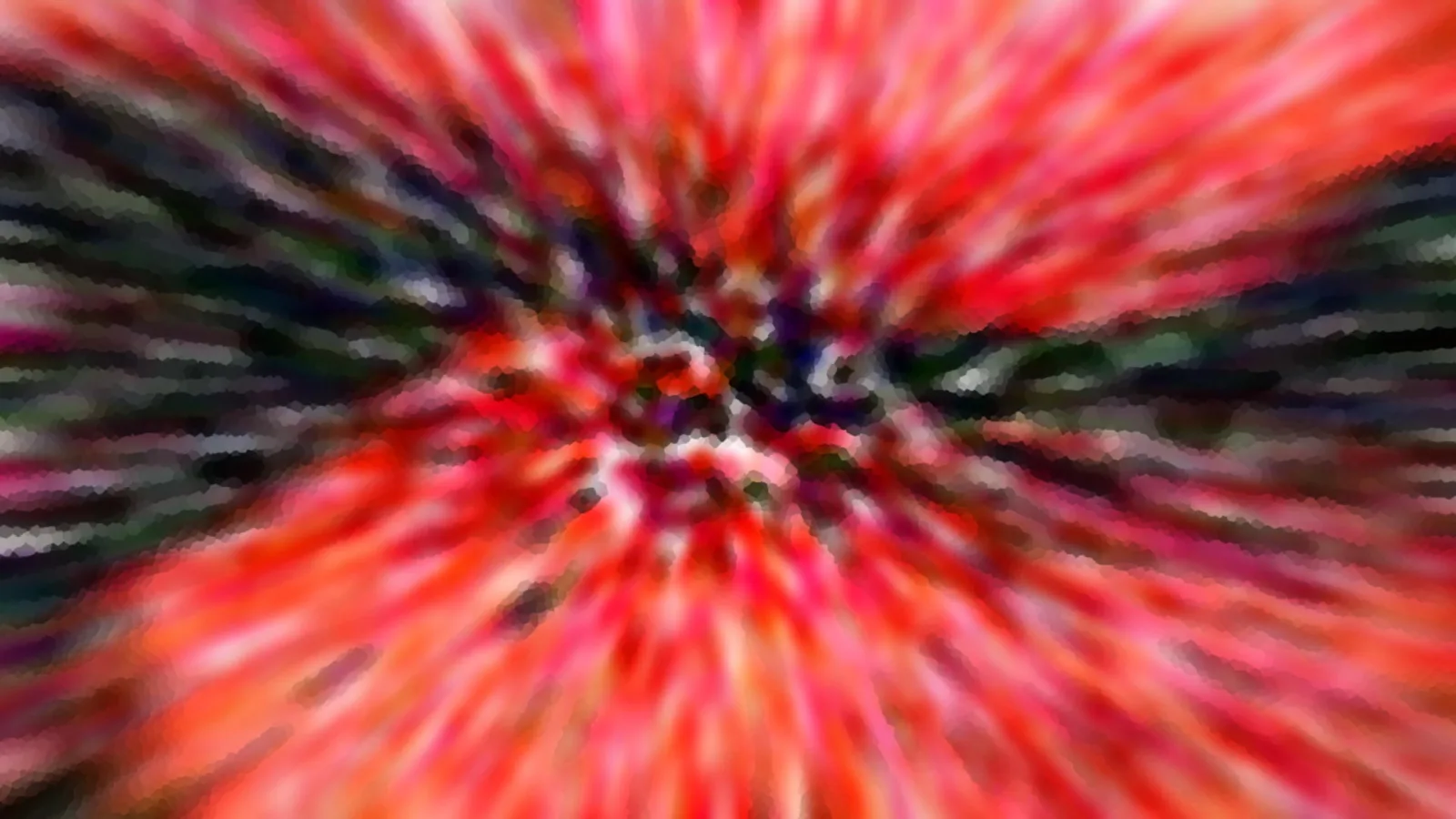 Abstraktes Bild mit radialen Schlieren in Rot, Orange und Pink, die von einem dunklen Zentrum nach außen laufen, dazwischen dunkelgrüne und graue Streifen.