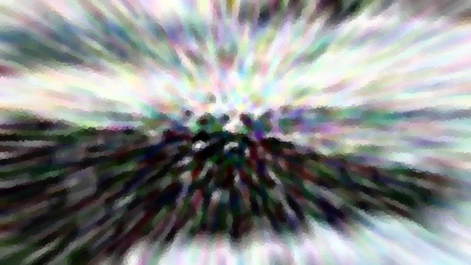 Abstrakte Farbexplosion mit radialen Streifen in Grün, Violett und Weiß, pixelig verfremdet.