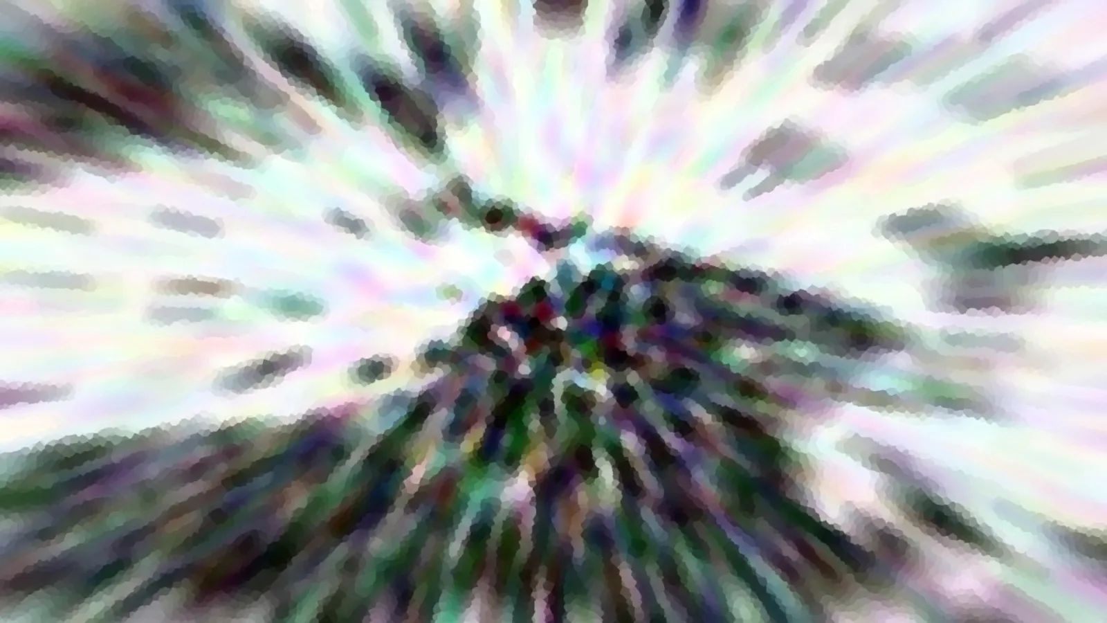 Abstrakte Komposition aus radial verlaufenden, bunten Schlieren mit dunklem, körnigem Zentrum und pixeligem Mosaikeffekt.
