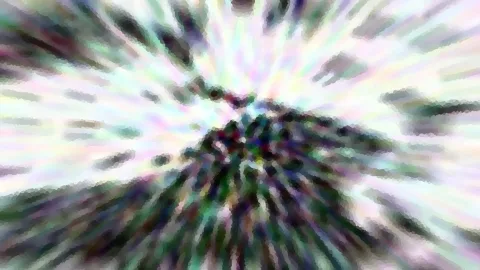 Abstrakte Komposition aus radial verlaufenden, bunten Schlieren mit dunklem, körnigem Zentrum und pixeligem Mosaikeffekt.