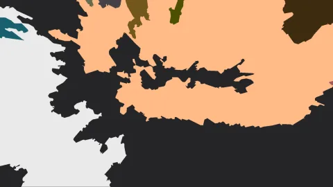Abstrakte Komposition aus flachen, unregelmäßig geformten Flächen in Schwarz, Pfirsichfarben, Hellgrau, Petrol, Oliv und Dunkelbraun.