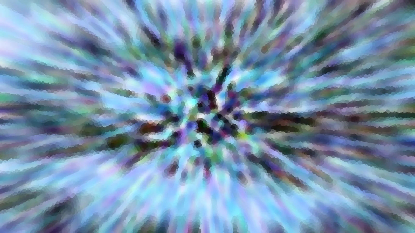 Abstraktes Bild mit radial von der Mitte nach außen strahlenden Streifen in Blau, Lila, Türkis und Grün, mosaikartig verpixelt