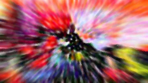 Abstrakte Komposition aus bunten Farbschlieren, die von einem dunklen Zentrum radial nach außen laufen, rot, orange, pink, gelb und blau.