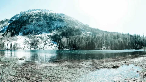 Ein Bergsee unter einem schroffen, teils verschneiten Berg, am Ufer Nadelwald und kahles Gras, darüber heller, blassblauer Himmel.