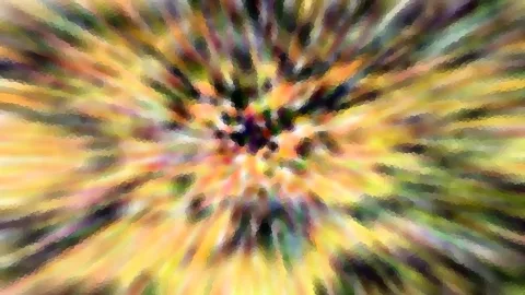 Abstrakte Farbexplosion: gelbe, grüne und violette Streifen laufen radial von einem dunklen Zentrum nach außen.