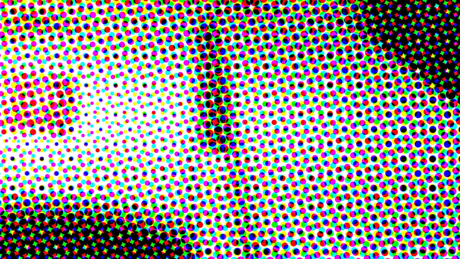 Dichtes Raster aus farbigen Punkten in Rot, Grün, Blau, Gelb, Magenta, Cyan und Schwarz, auf weißer Fläche links der Mitte, in den Ecken oben rechts und unten links dunkler.