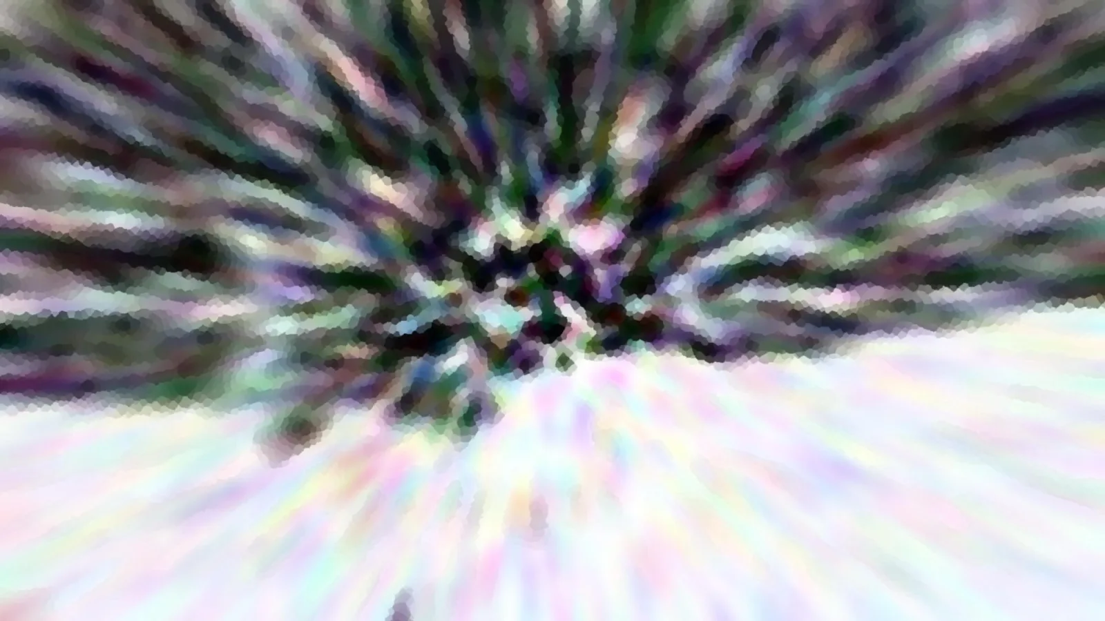 Abstraktes Bild mit pastellfarbenen Streifen, die von einem dunklen Zentrum oben in der Mitte radial nach außen laufen, grob gerastert wie ein Mosaik.
