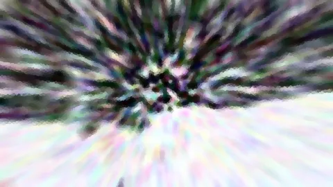 Abstraktes Bild mit pastellfarbenen Streifen, die von einem dunklen Zentrum oben in der Mitte radial nach außen laufen, grob gerastert wie ein Mosaik.