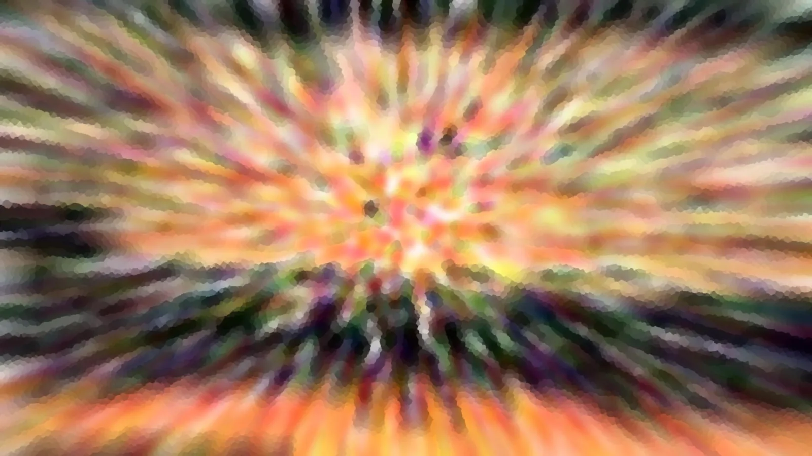 Abstrakte Aufnahme mit radialen Schlieren, die von einem hellen Zentrum nach außen laufen. Die Farben reichen von Orange und Gelb über Rosa bis zu Grün und Violett, die Kanten wirken mosaikartig verpixelt.