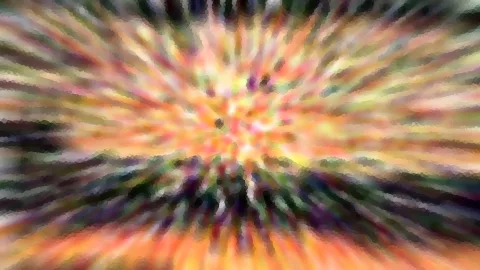 Abstrakte Aufnahme mit radialen Schlieren, die von einem hellen Zentrum nach außen laufen. Die Farben reichen von Orange und Gelb über Rosa bis zu Grün und Violett, die Kanten wirken mosaikartig verpixelt.