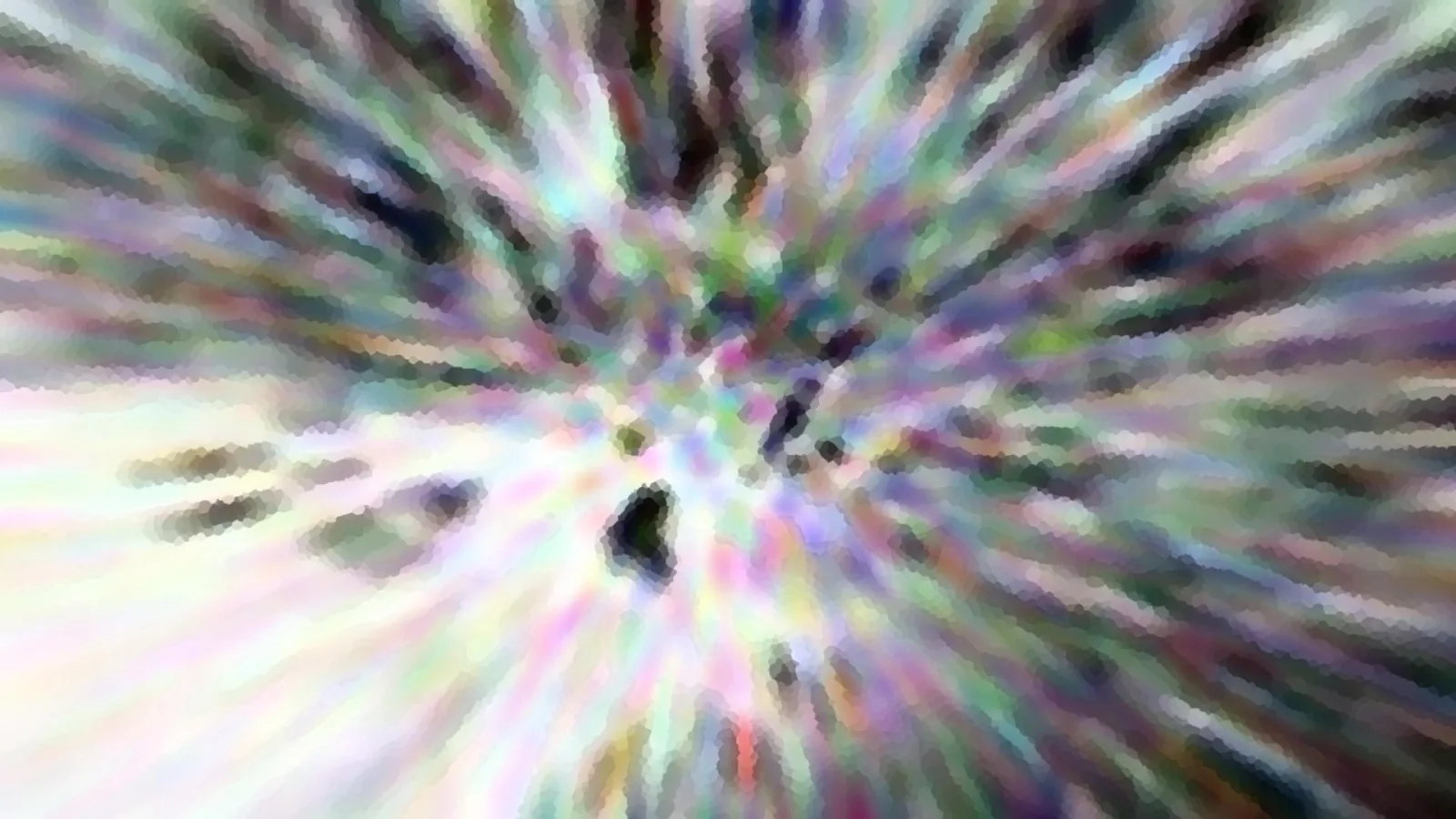 Abstraktes Bild mit farbigen, radial nach außen verlaufenden Schlieren in Pastelltönen und dunklen Flecken nahe der Mitte.